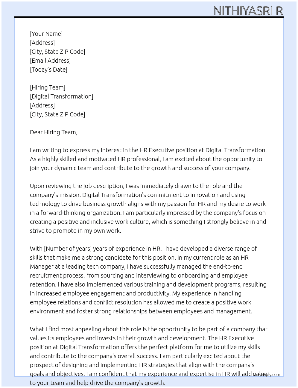 HR executive At Digital transformation Cover Letter