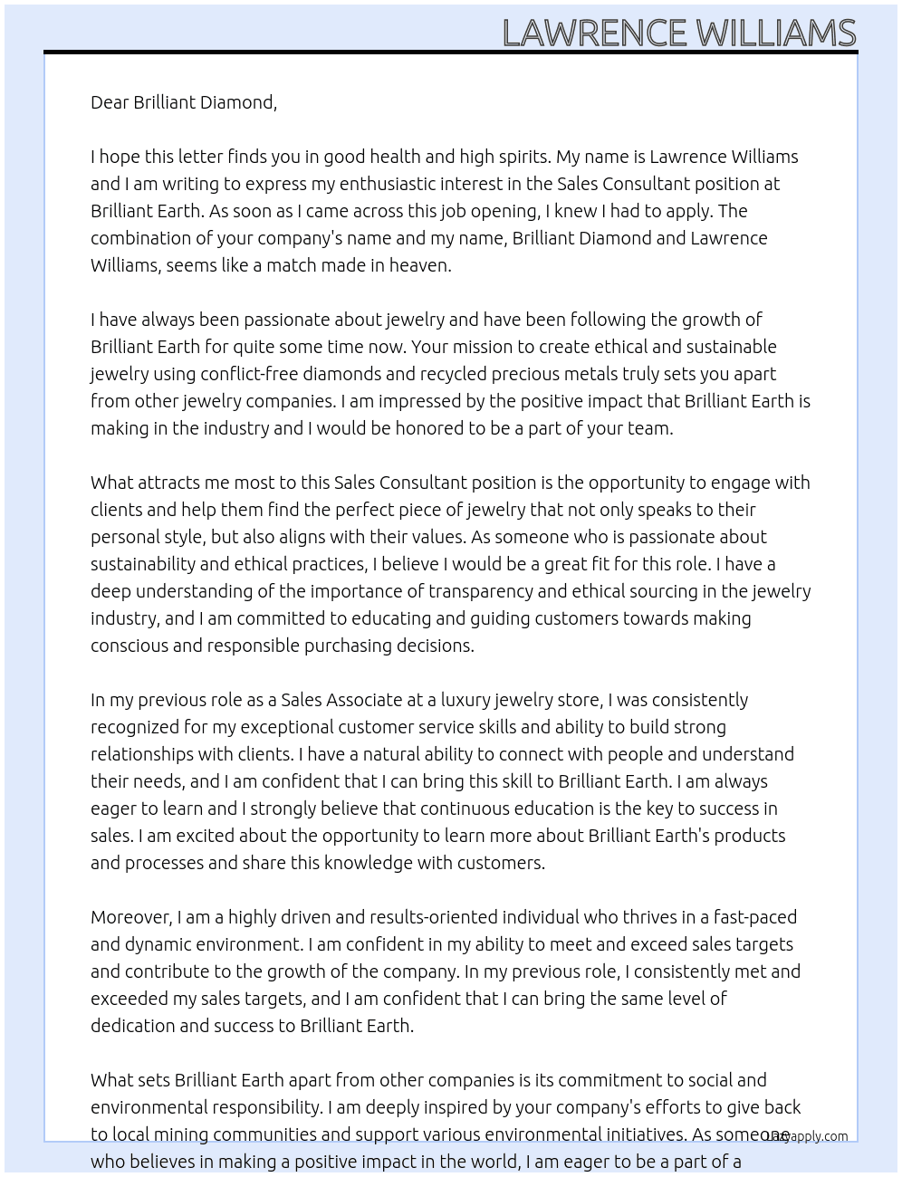 Sales Consultant At Brilliant Earth Cover Letter