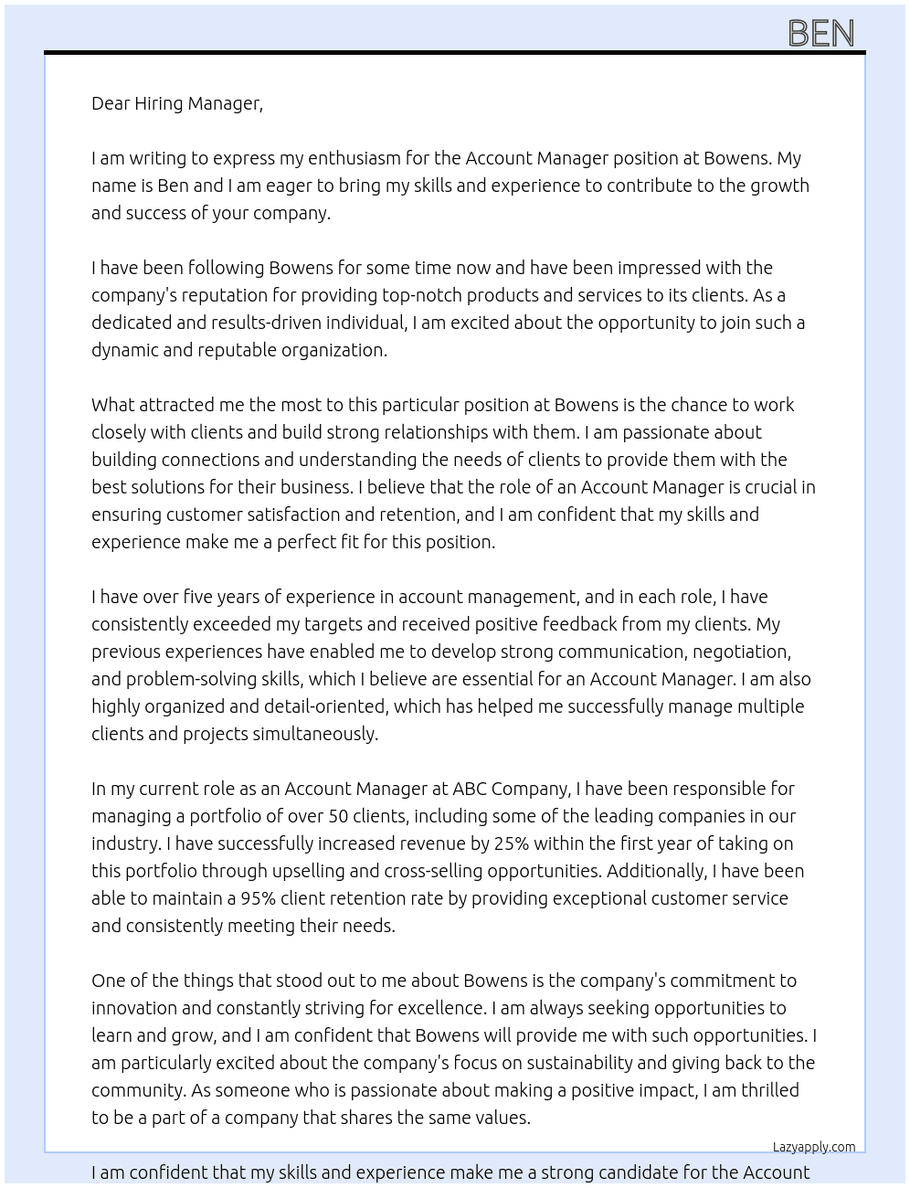 Account Mananger  At Bowens  Cover Letter