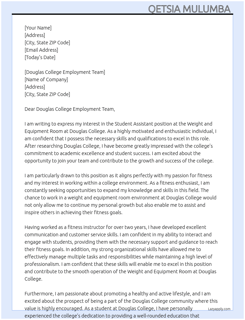 Student Assitant, Weight and Equipment Room  At Douglas College  Cover Letter