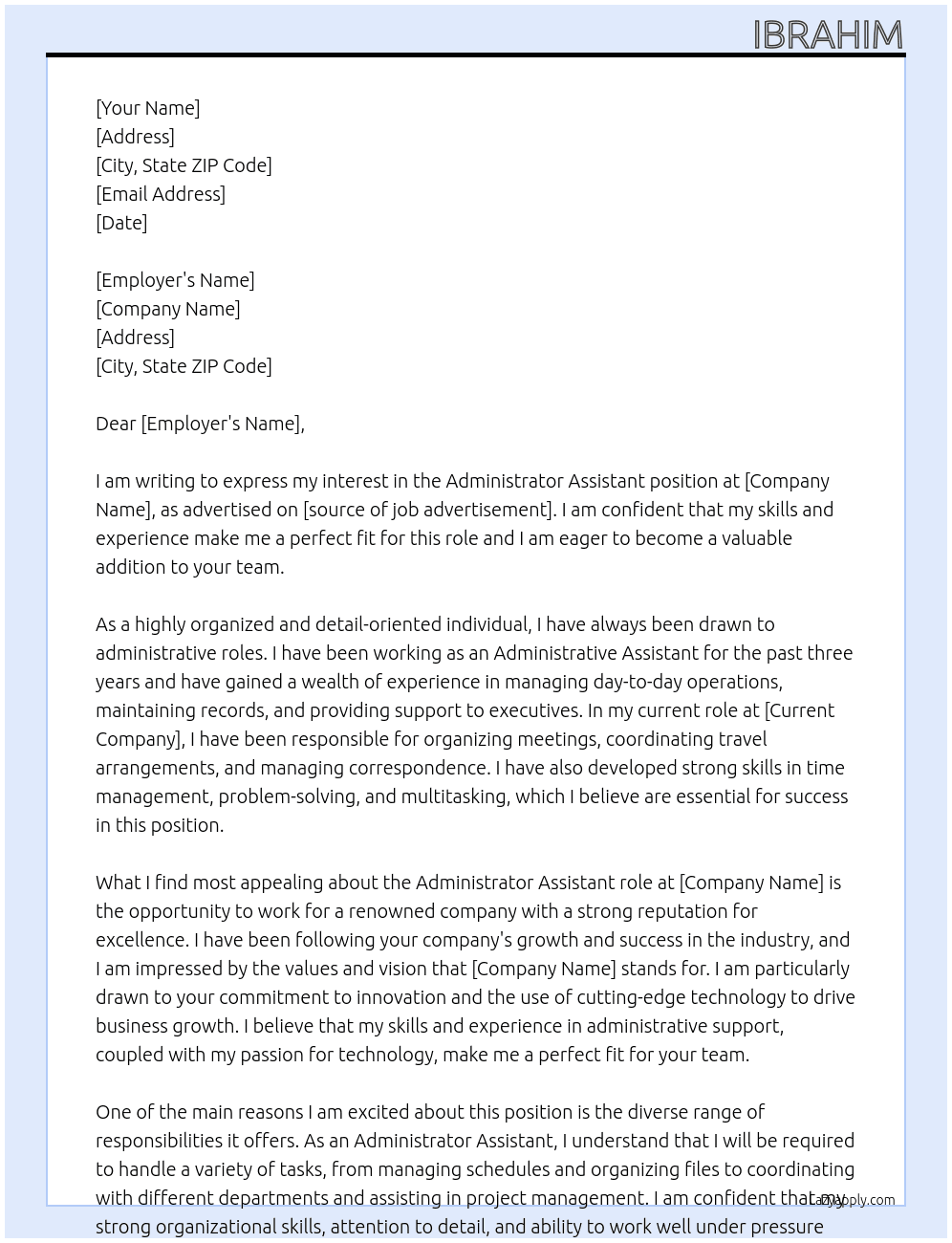 Administrator assistant At X Cover Letter