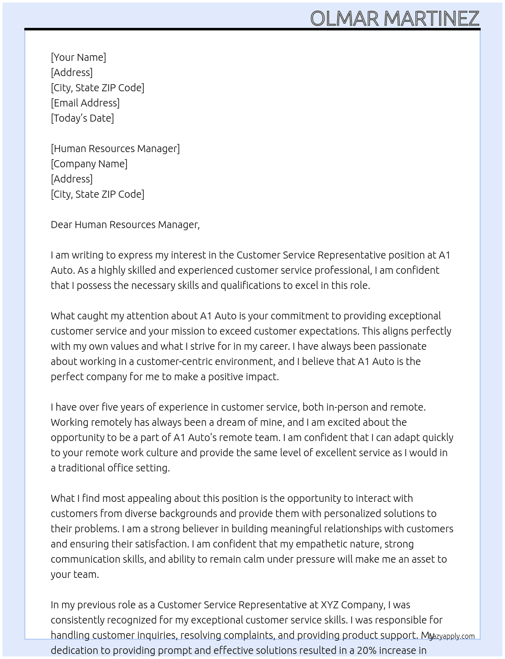 Custumer Service Representative remote At A1 Auto Cover Letter