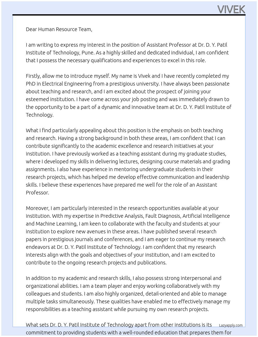 Assistant Professor At Dr. D. Y. Patil Institute of Technology, Pune Cover Letter