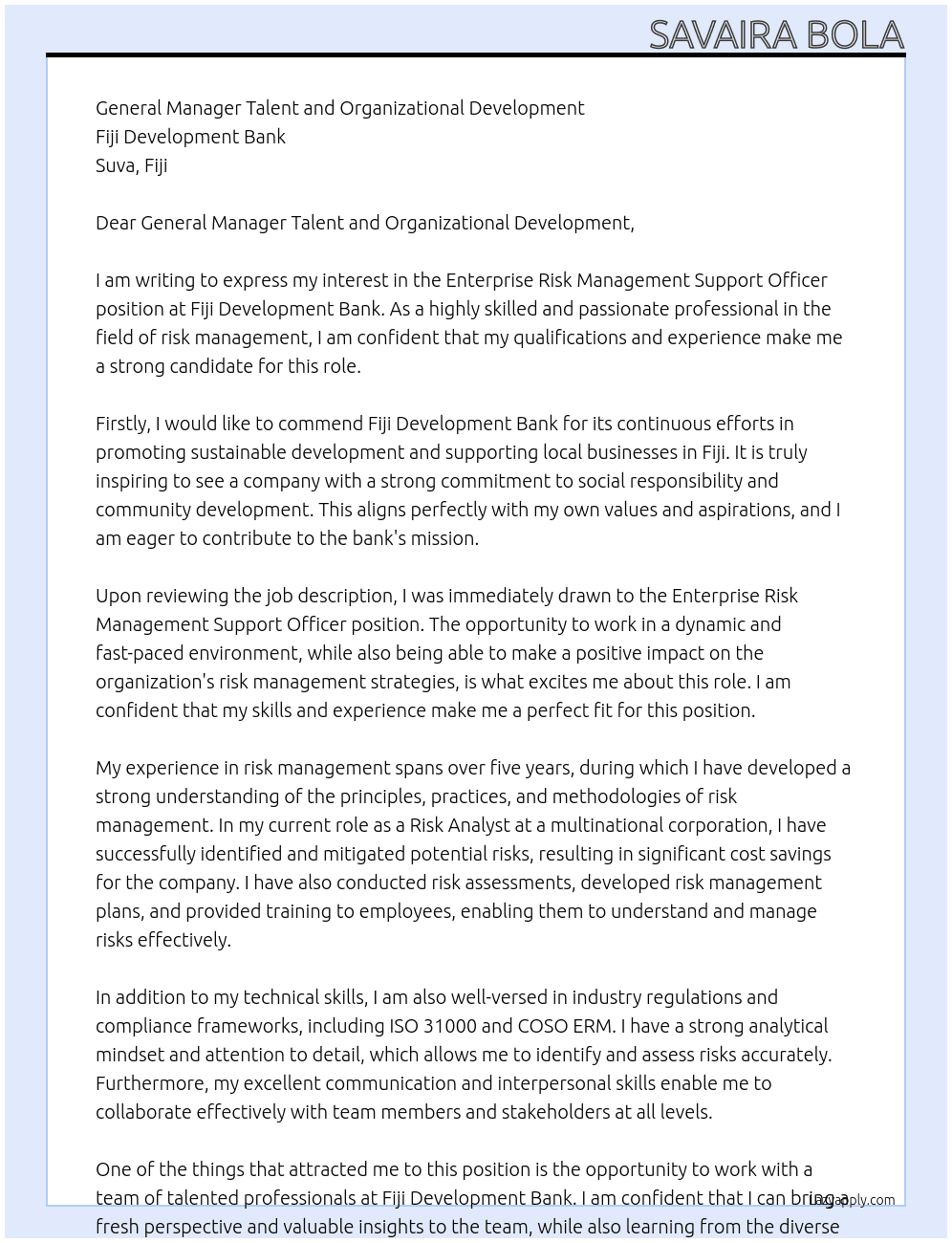 Enterprise Risk Management Support Officer At Fiji Development Bank Cover Letter