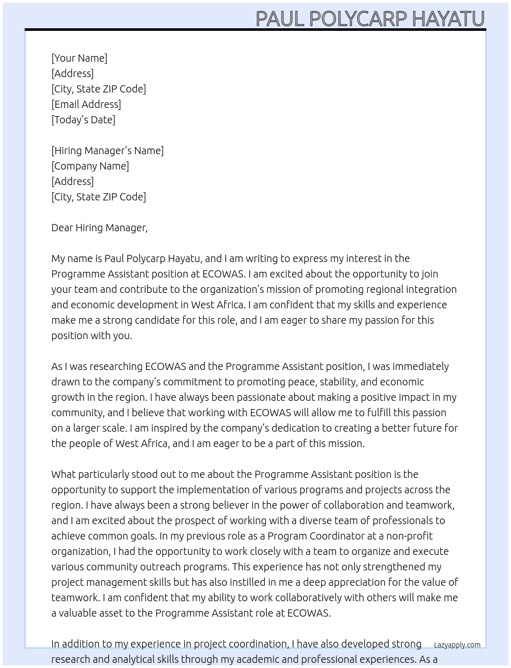 Programme Assistant  At ECOWAS Cover Letter