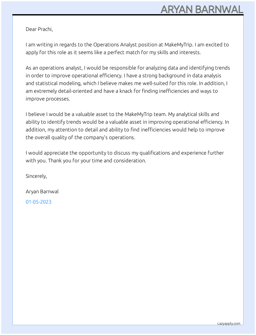Operations Analyst At MakeMyTrip Cover Letter