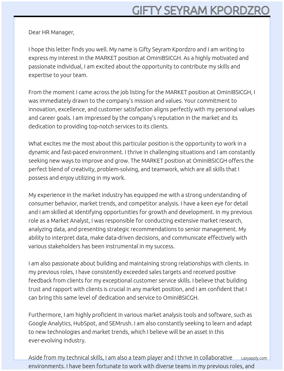 MARKET At OminiBSICGH Cover Letter