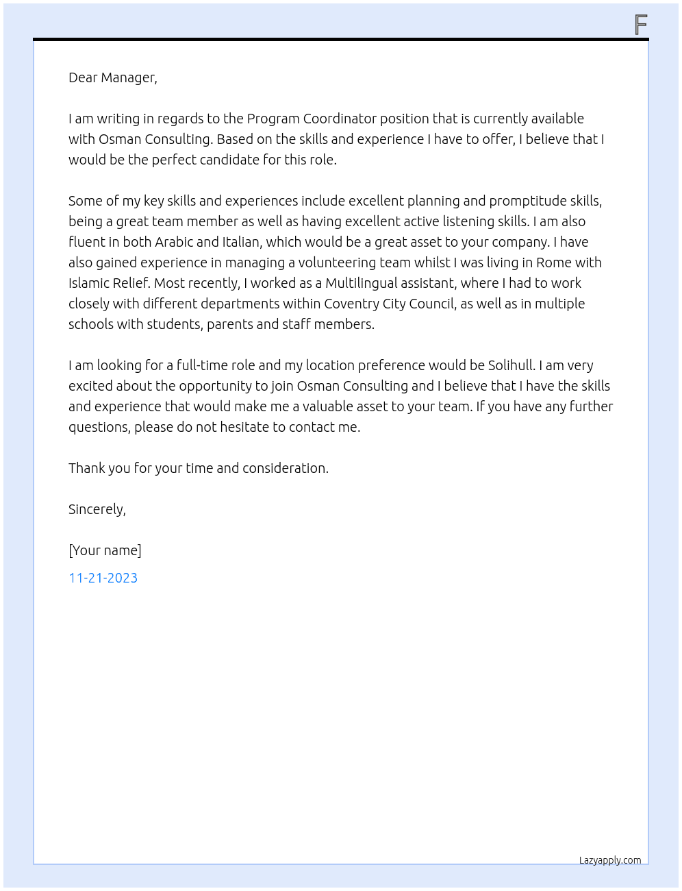 Program Coordinator At Osman Consulting Cover Letter