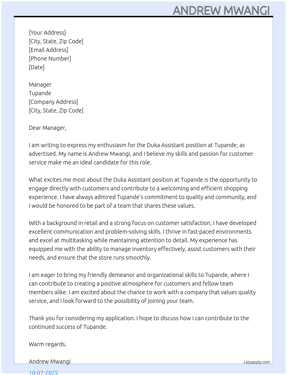 Duka assistant  At Tupande Cover Letter