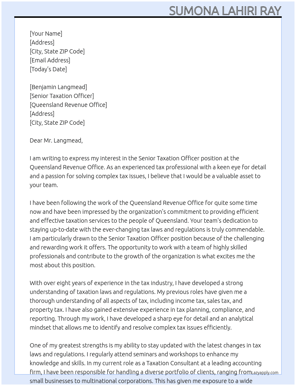 Senior Taxation Officer At Queensland Revenue Office Cover Letter