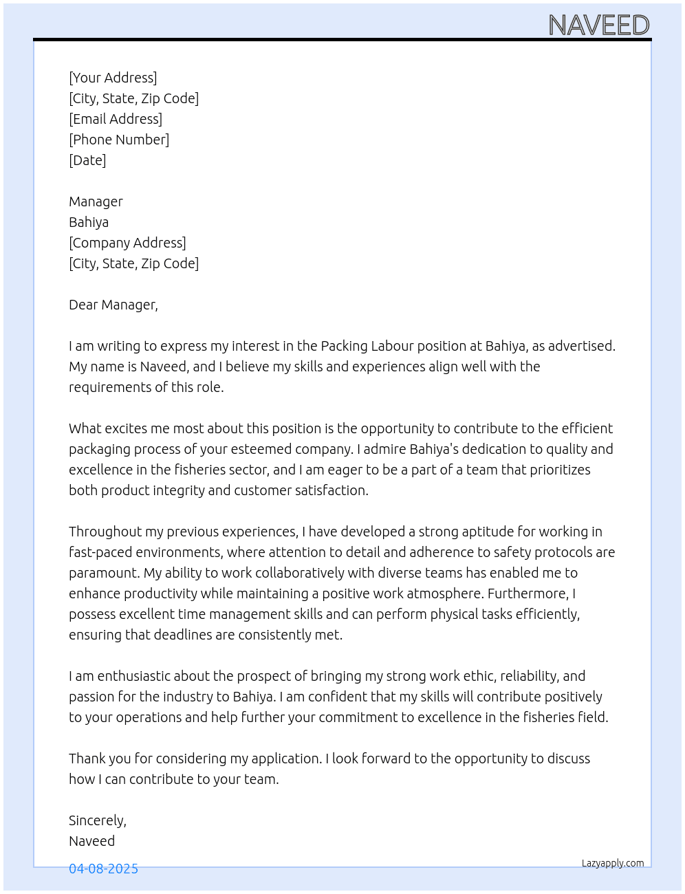 packing labour in fihries At bahiya Cover Letter