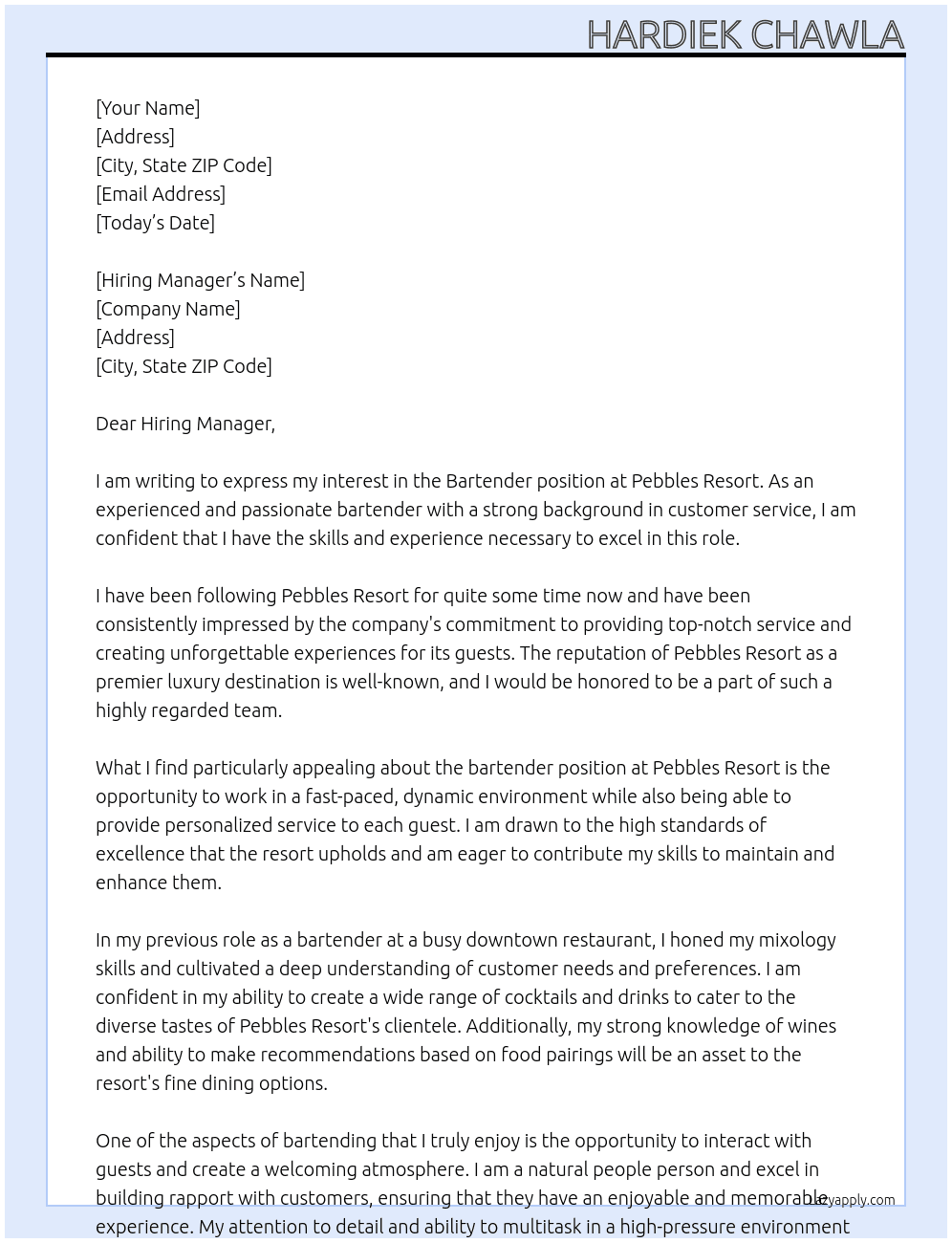 Bartender  At Pebbles Resort Cover Letter