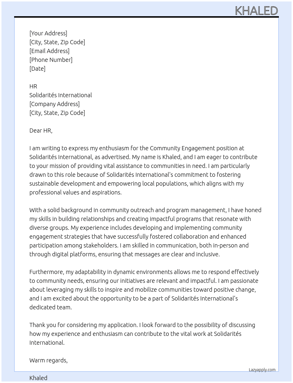 Cover letter for community engagement - LazyApply