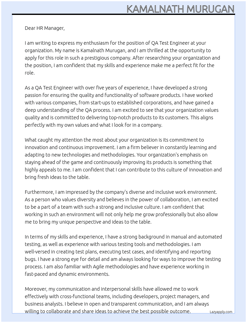 Cover letter for qa test engineer - LazyApply