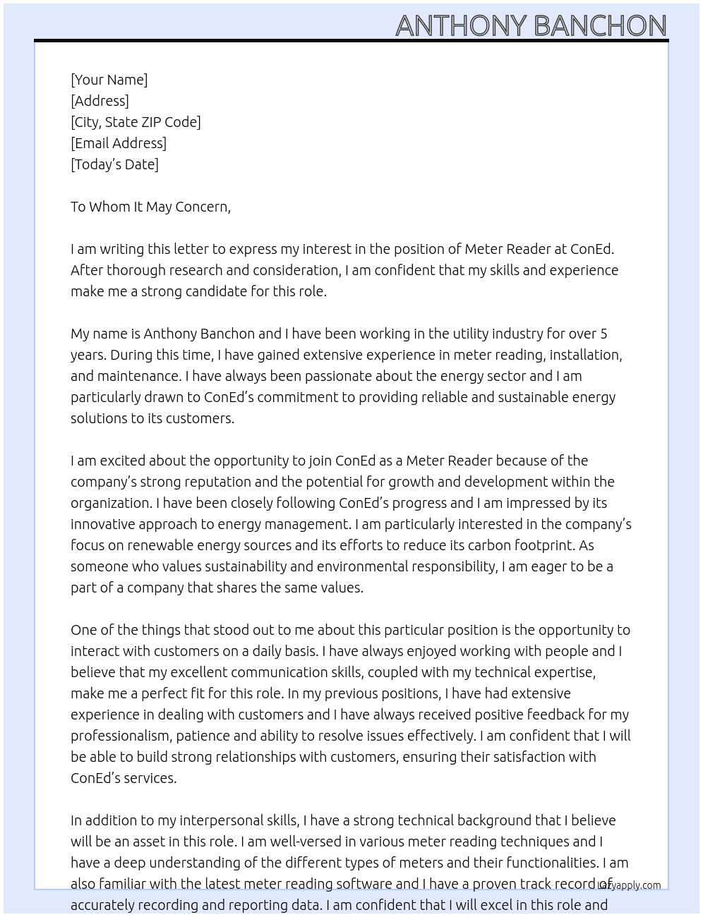 Meter reader At ConEd Cover Letter
