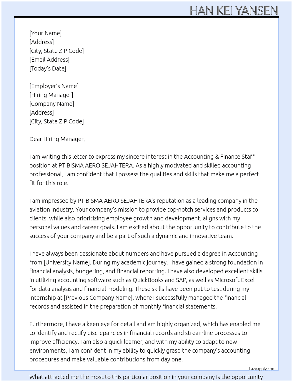 Accounting & Finance Staff At PT BISMA AERO SEJAHTERA Cover Letter
