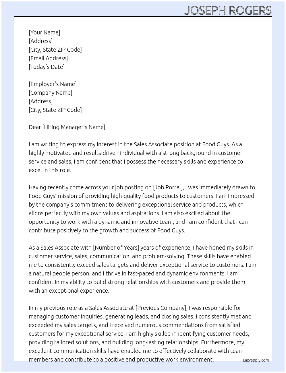Sales Associate At food guys Cover Letter