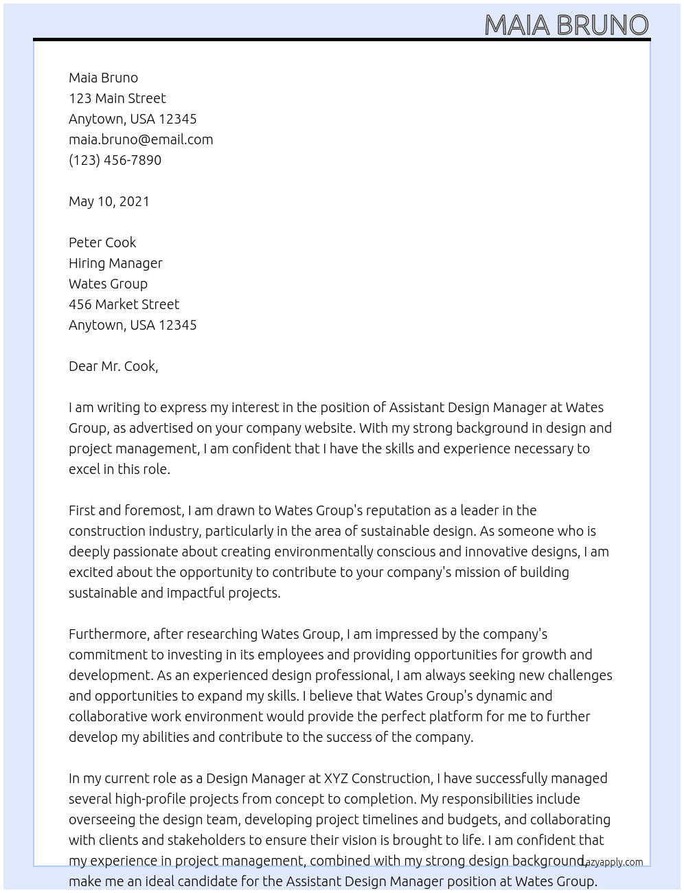 assistant design manager At Wates Group Cover Letter