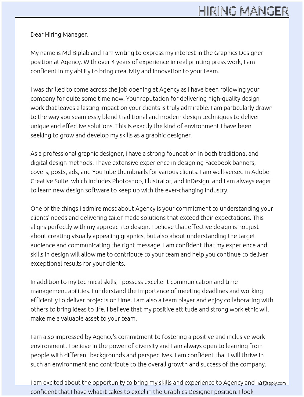 Graphics Designer  At Agency Cover Letter