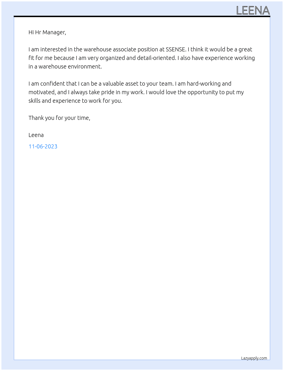 Warehouse Associate At SSENSE Cover Letter