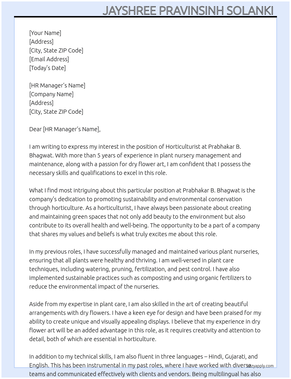 Horticulturist  At Prabhakar B. Bhagwat  Cover Letter