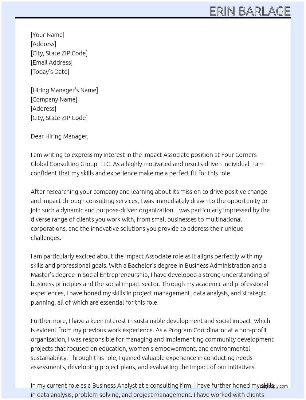 Impact Associate At Four Corners Global Consulting Group, LLC  Cover Letter