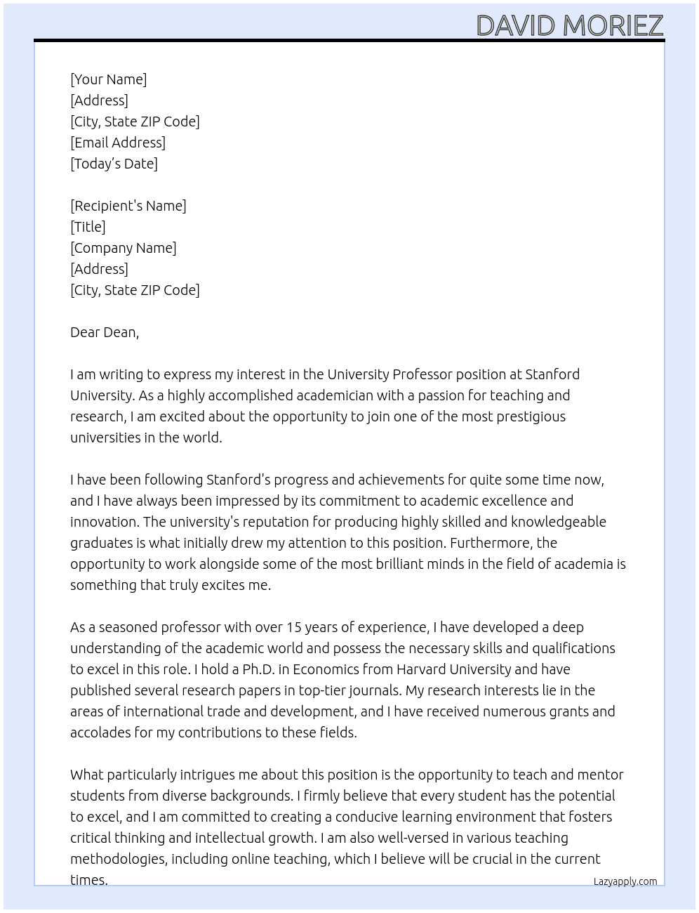 University Professor At Stanford Cover Letter