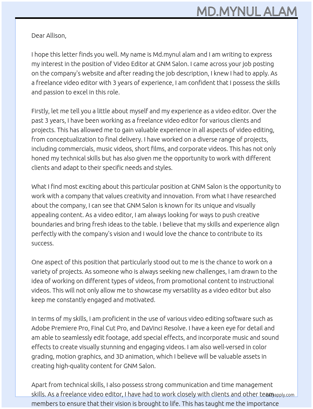 Video Editor  At GNM Salon Cover Letter