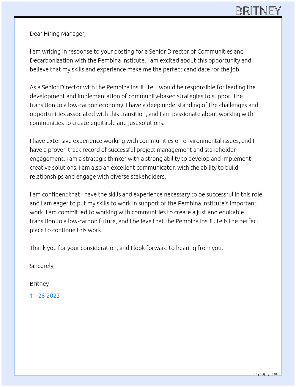 Senior Director, Communities and Decarbonization At Pembina Institute Cover Letter