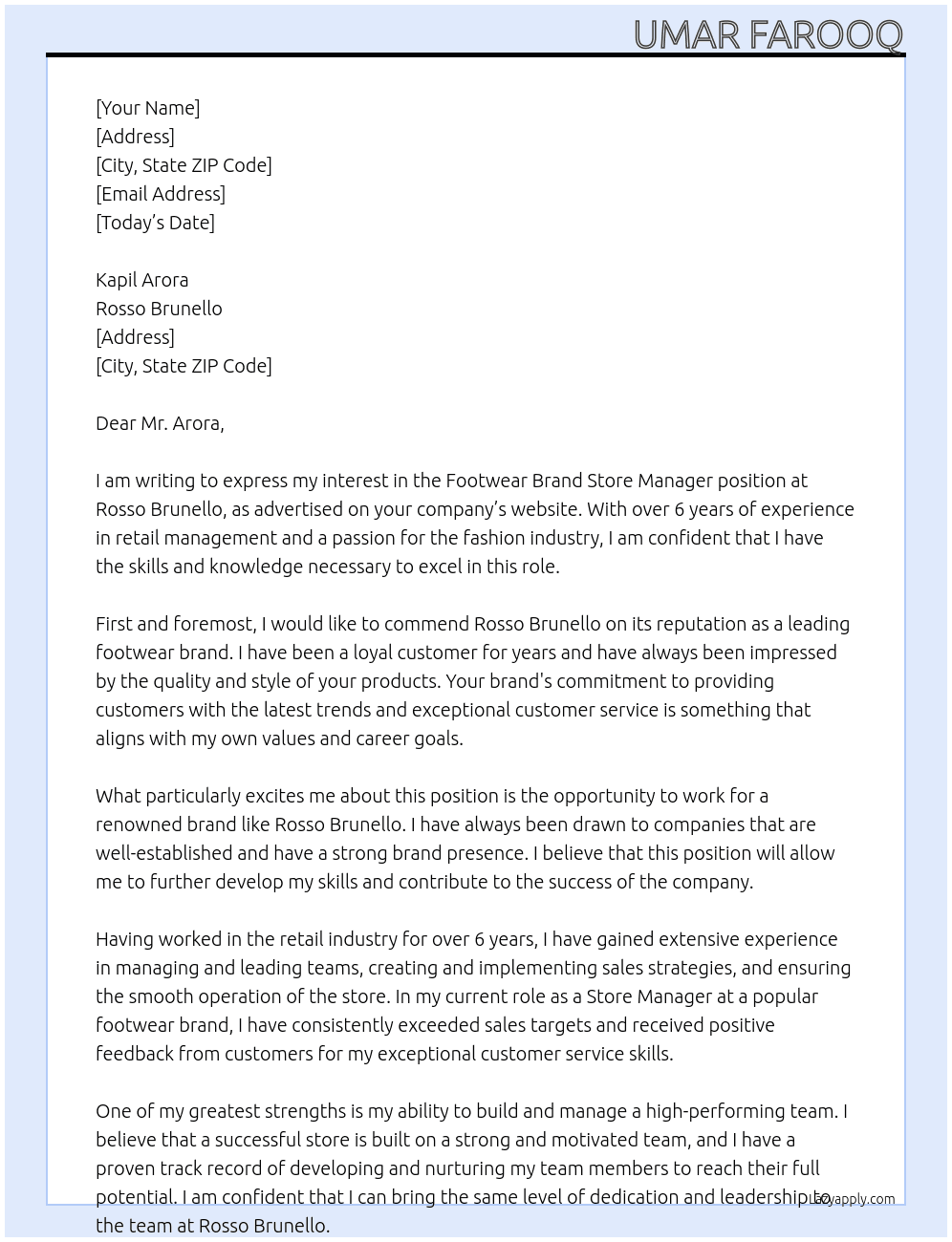 Footwear Brand Store Manager At Rosso Brunello Cover Letter
