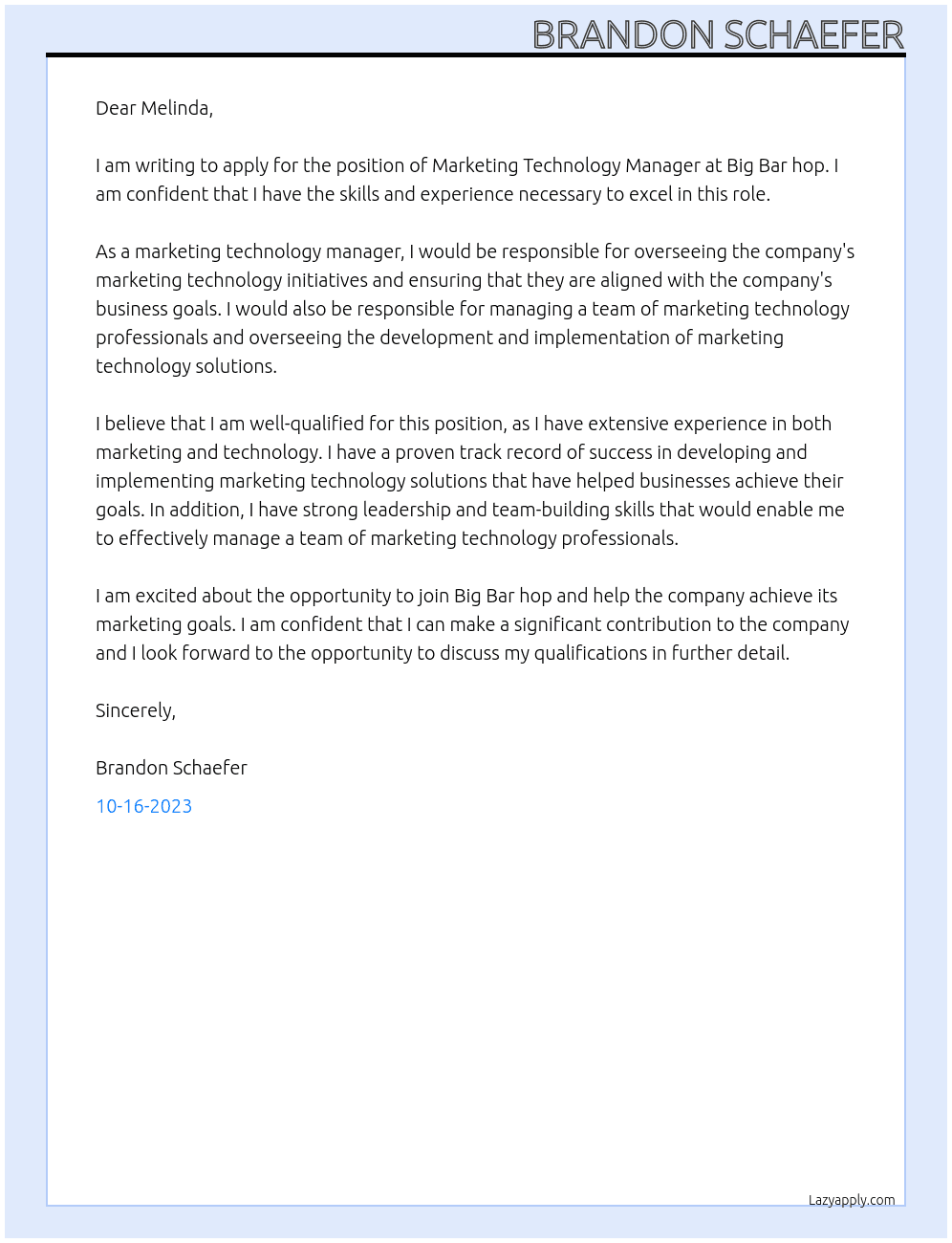 MARKETING TECHNOLOGY MANAGER At Big Bar hop Cover Letter