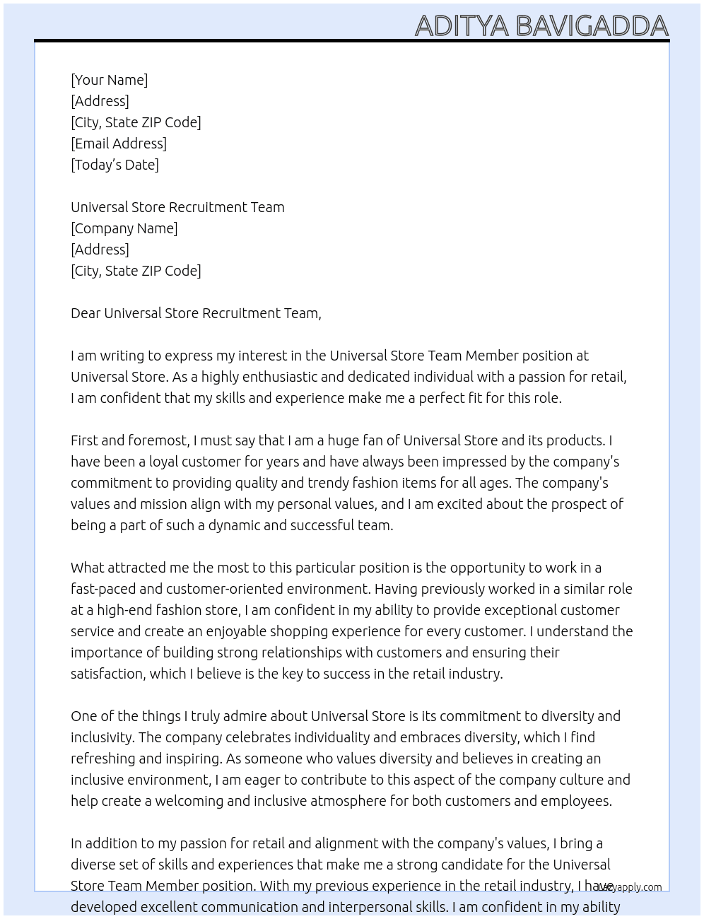 Universal Store Team Member At Universal Store Cover Letter