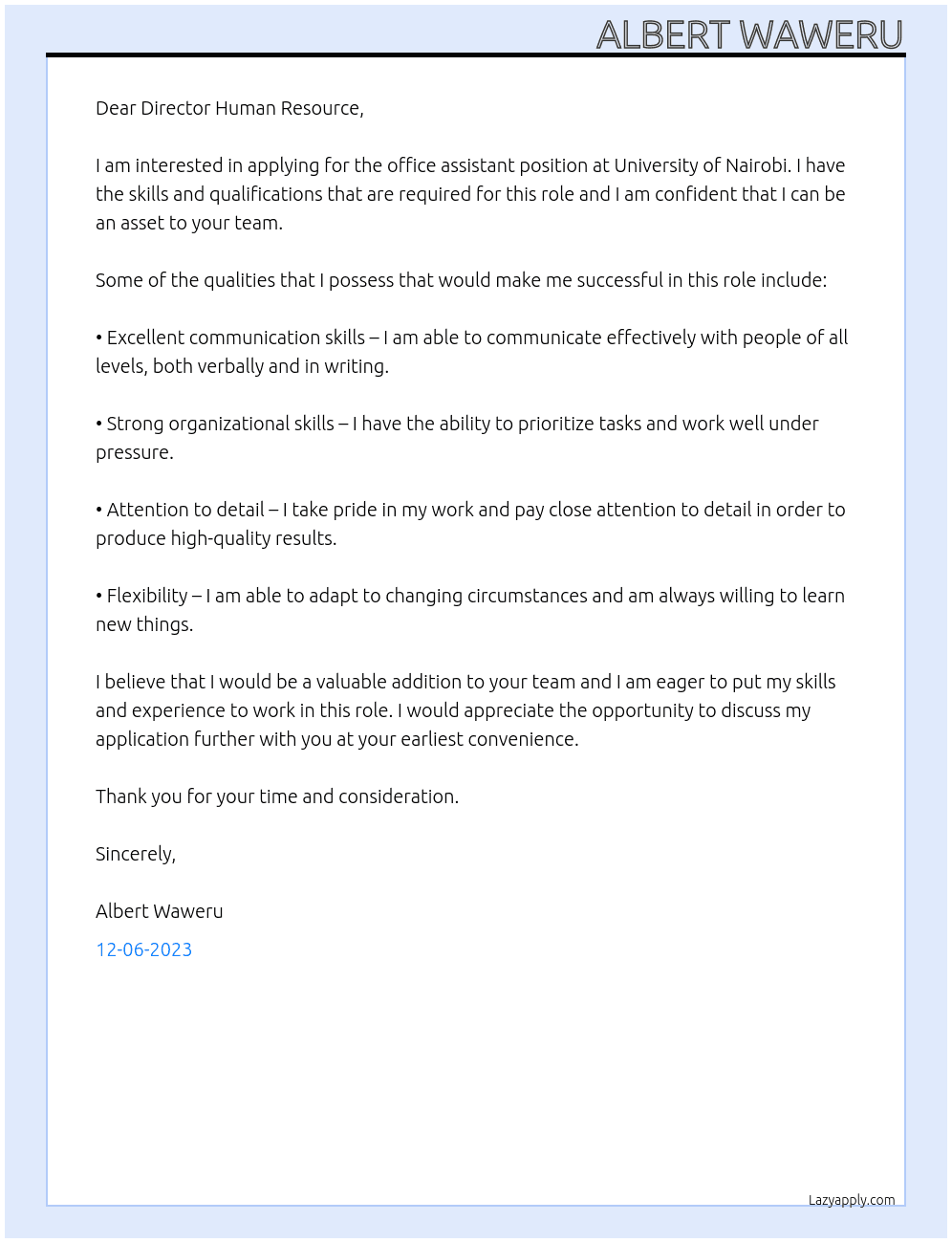 office assistant At University of Nairobi Cover Letter