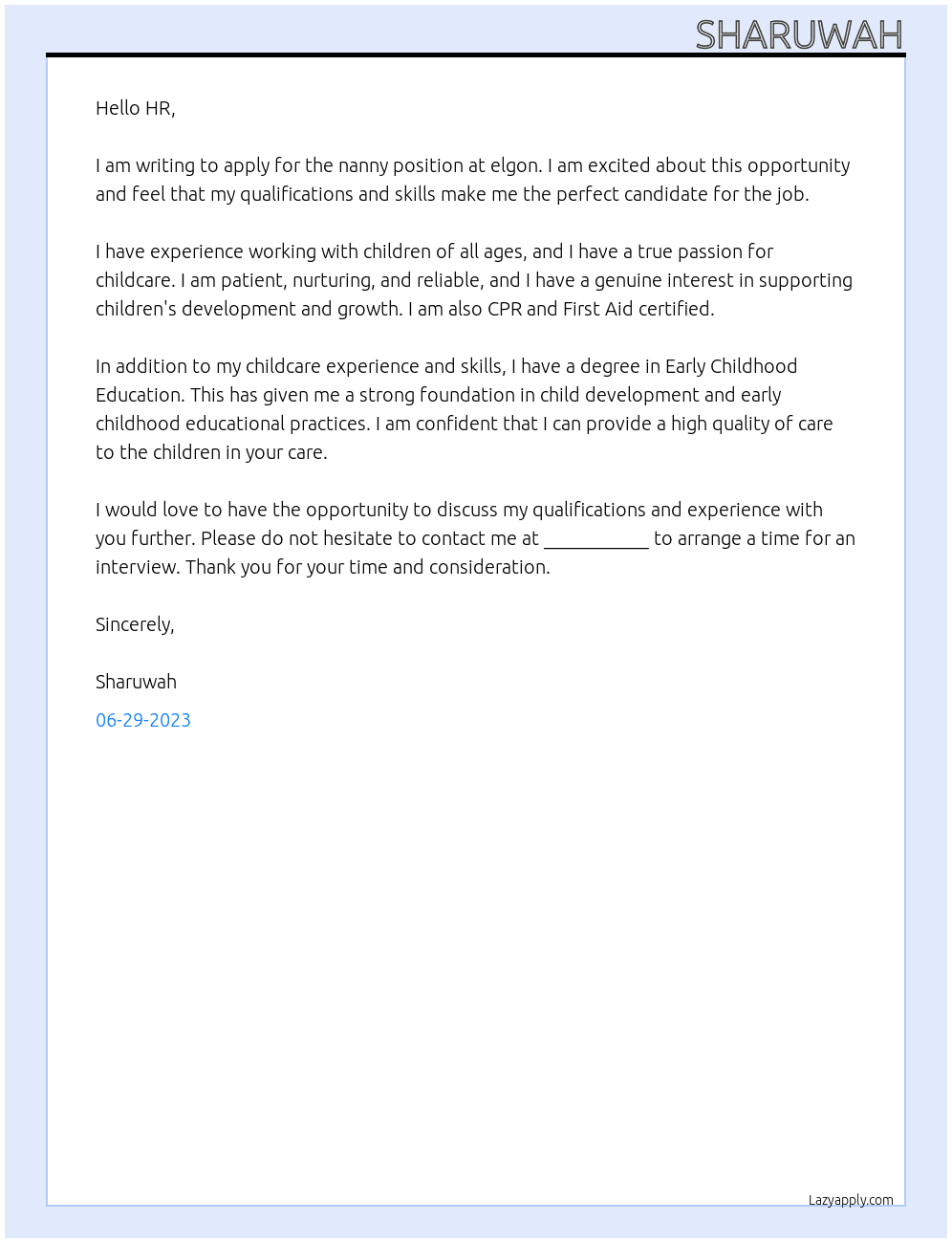 nanny At  elgon  Cover Letter