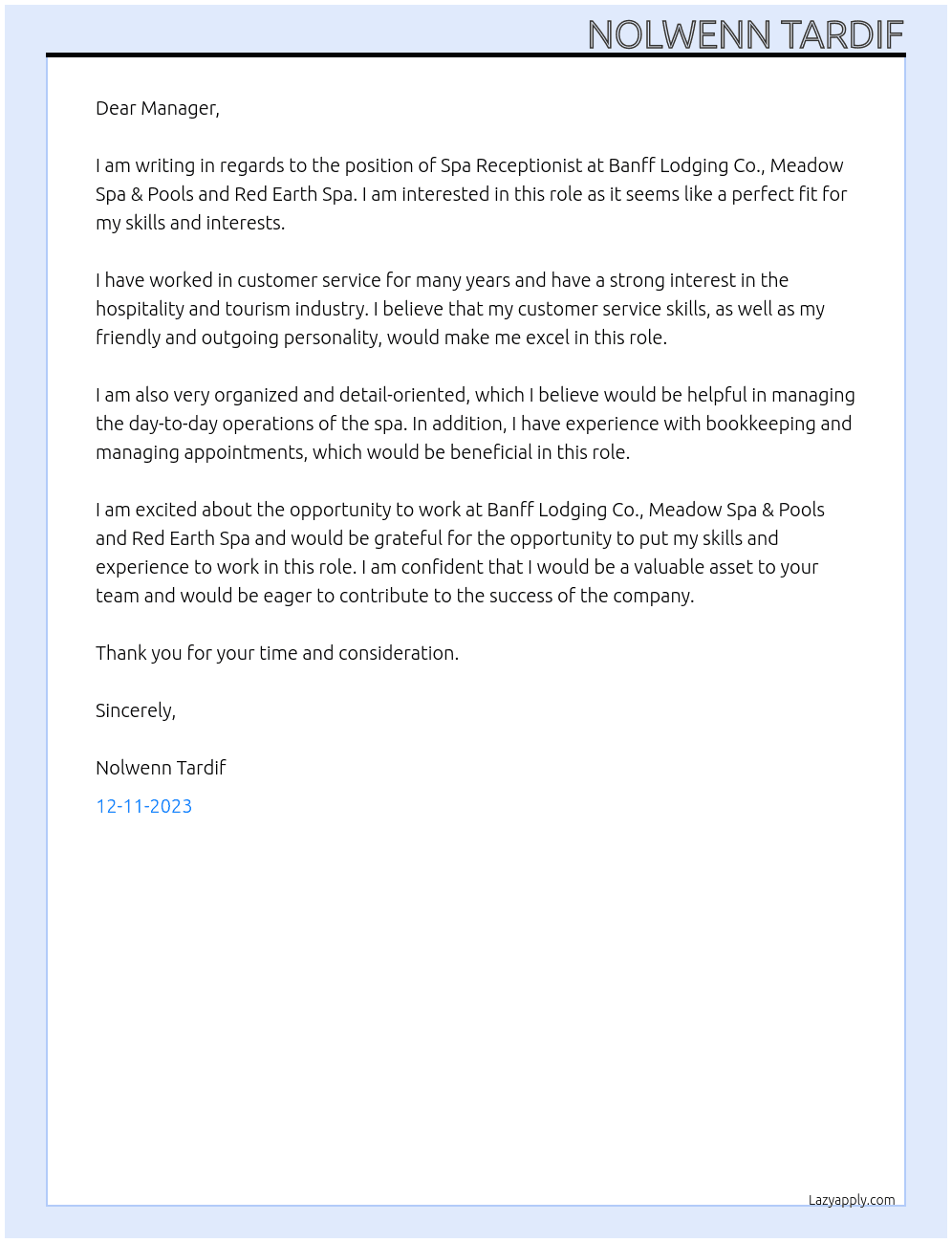 Spa Receptionist At Banff Lodging Co., Meadow Spa & Pools and Red Earth Spa Cover Letter