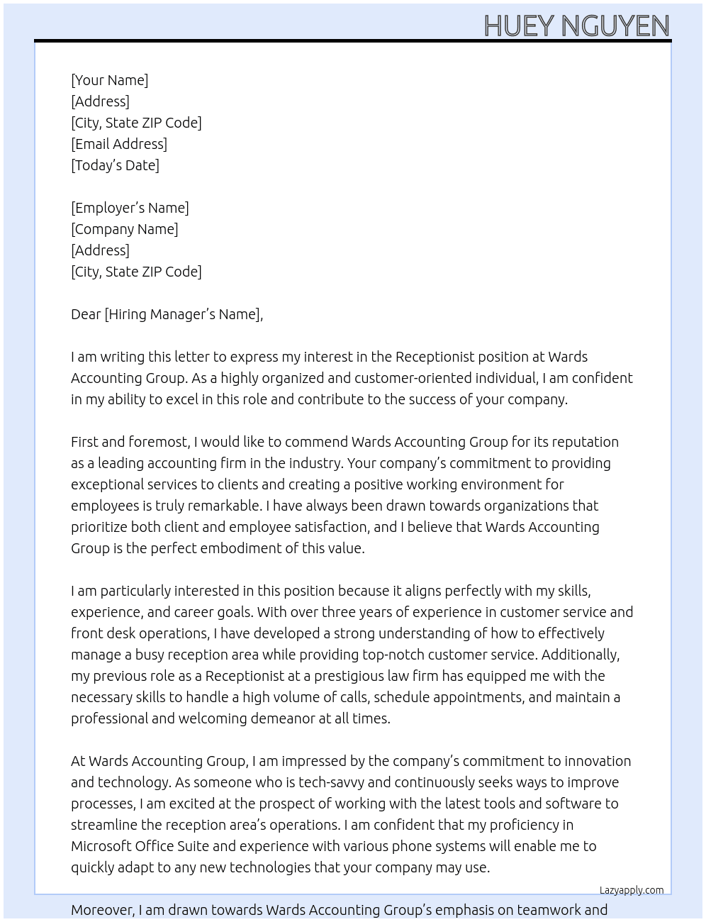 Receptionist At Wards Accounting Group Cover Letter