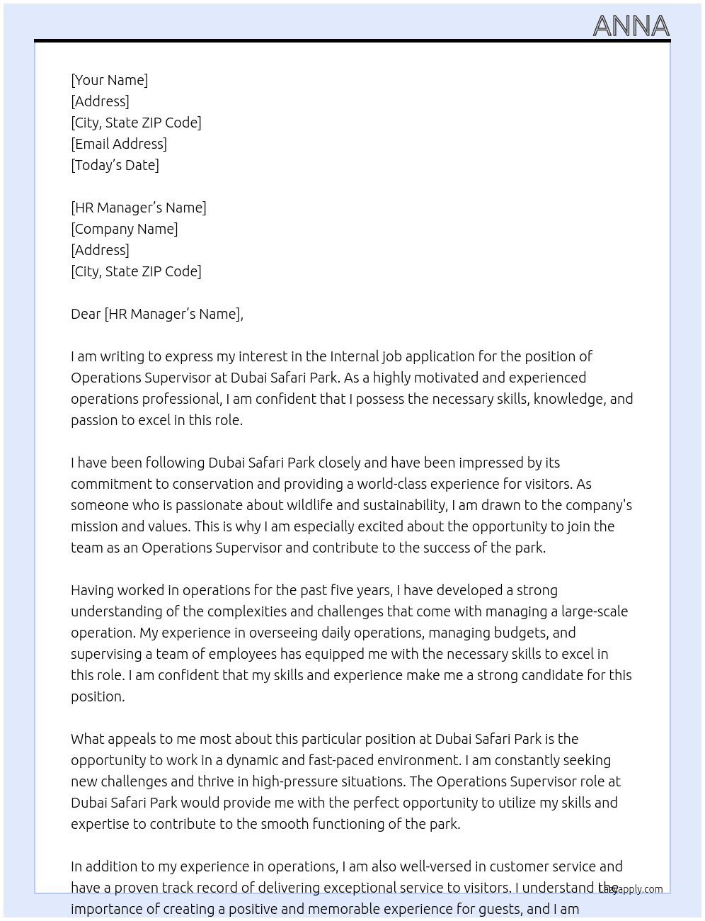 Internal job application as Operations supervisor  At Dubai Safari Park  Cover Letter