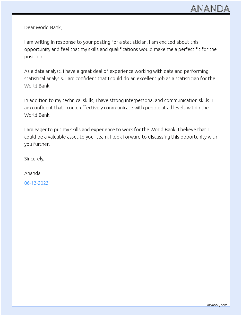 Statistician At Data analyst Cover Letter