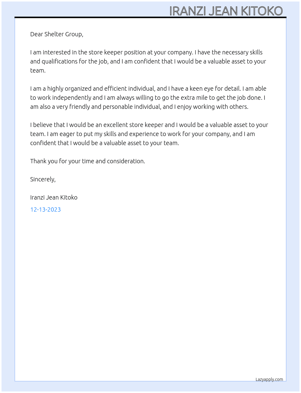 Store keeper  At Shelter group  Cover Letter