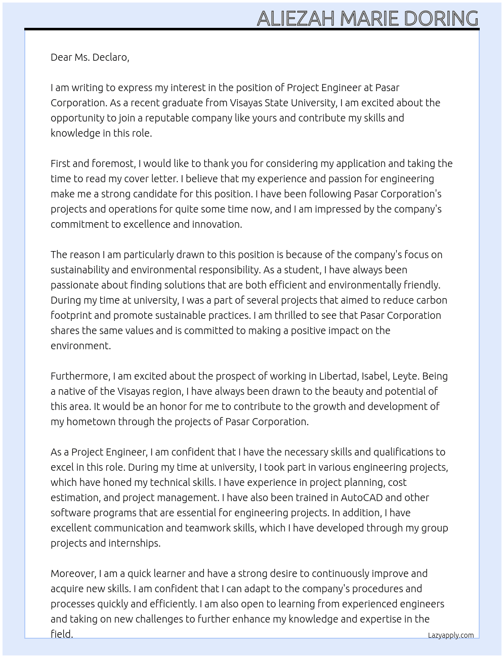 Project Engineer At Pasar Corporation Cover Letter