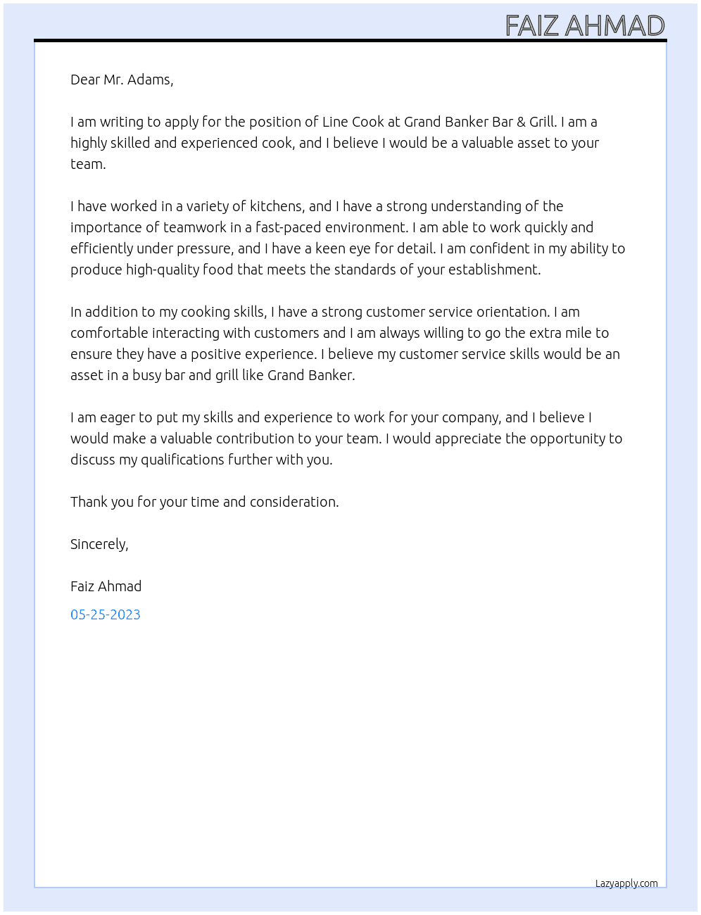 Line Cook At Grand Banker Bar & Grill Cover Letter