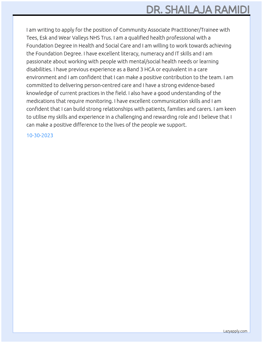 Community Associate Practitioner/Trainee At Tees, Esk and Wear Valleys NHS Trus Cover Letter