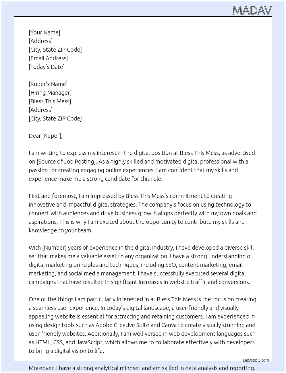 digital  At Bless This Mess Cover Letter