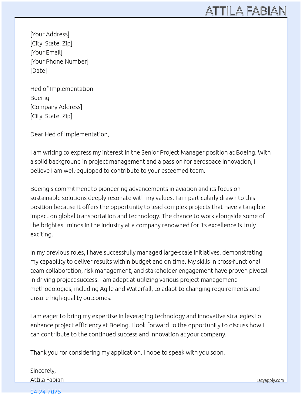 Senior Project Manager At Boeing Cover Letter