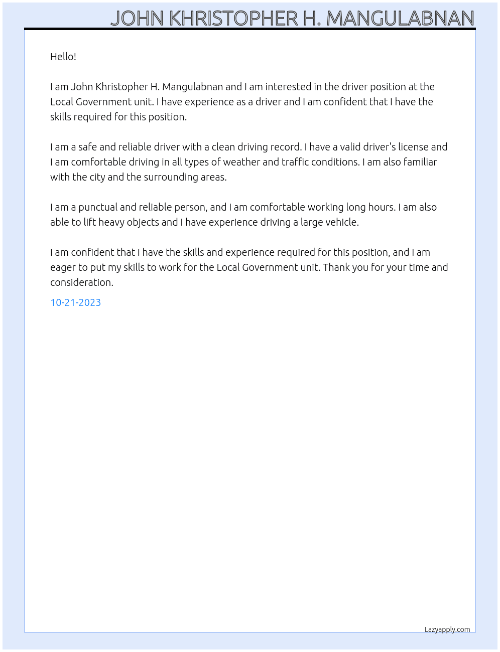 driver At Local Government unit Cover Letter