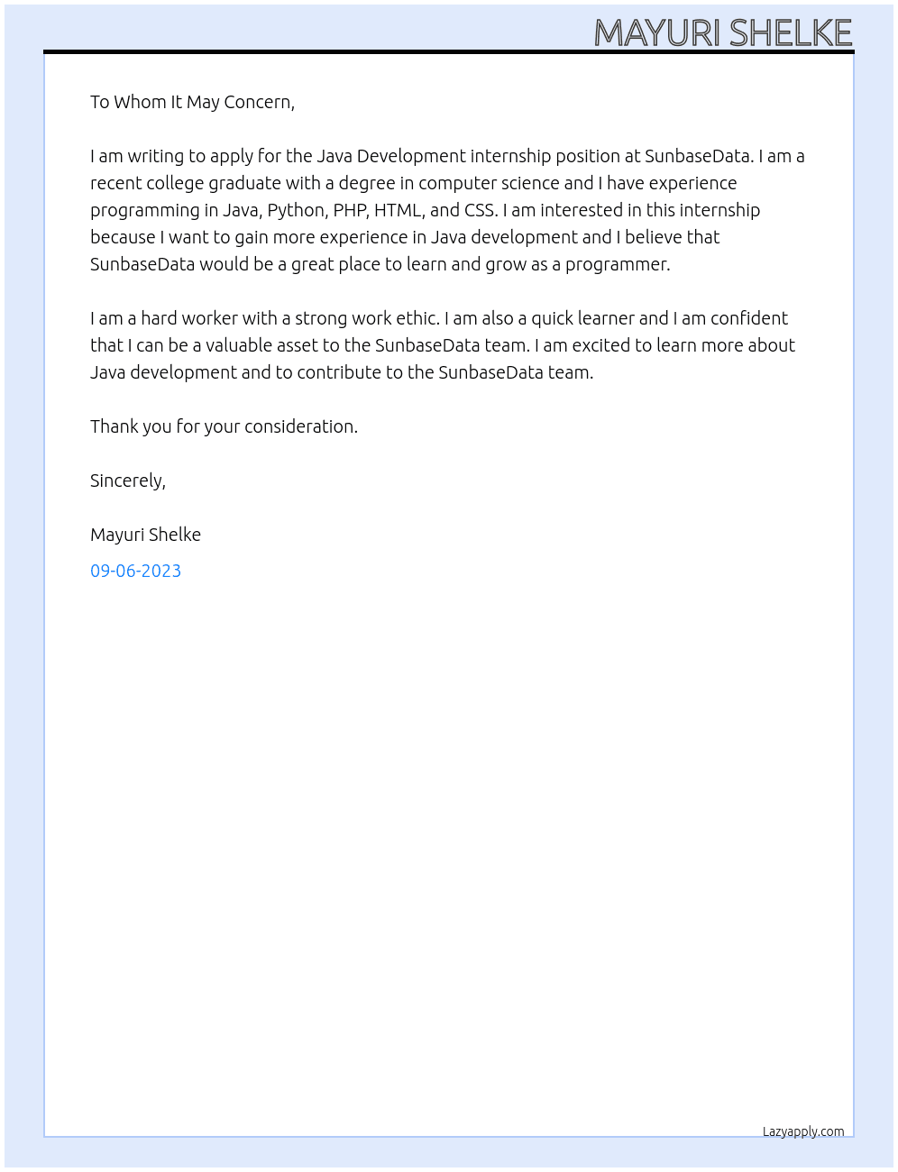 Applying for Java Development internship At SunbaseData Cover Letter