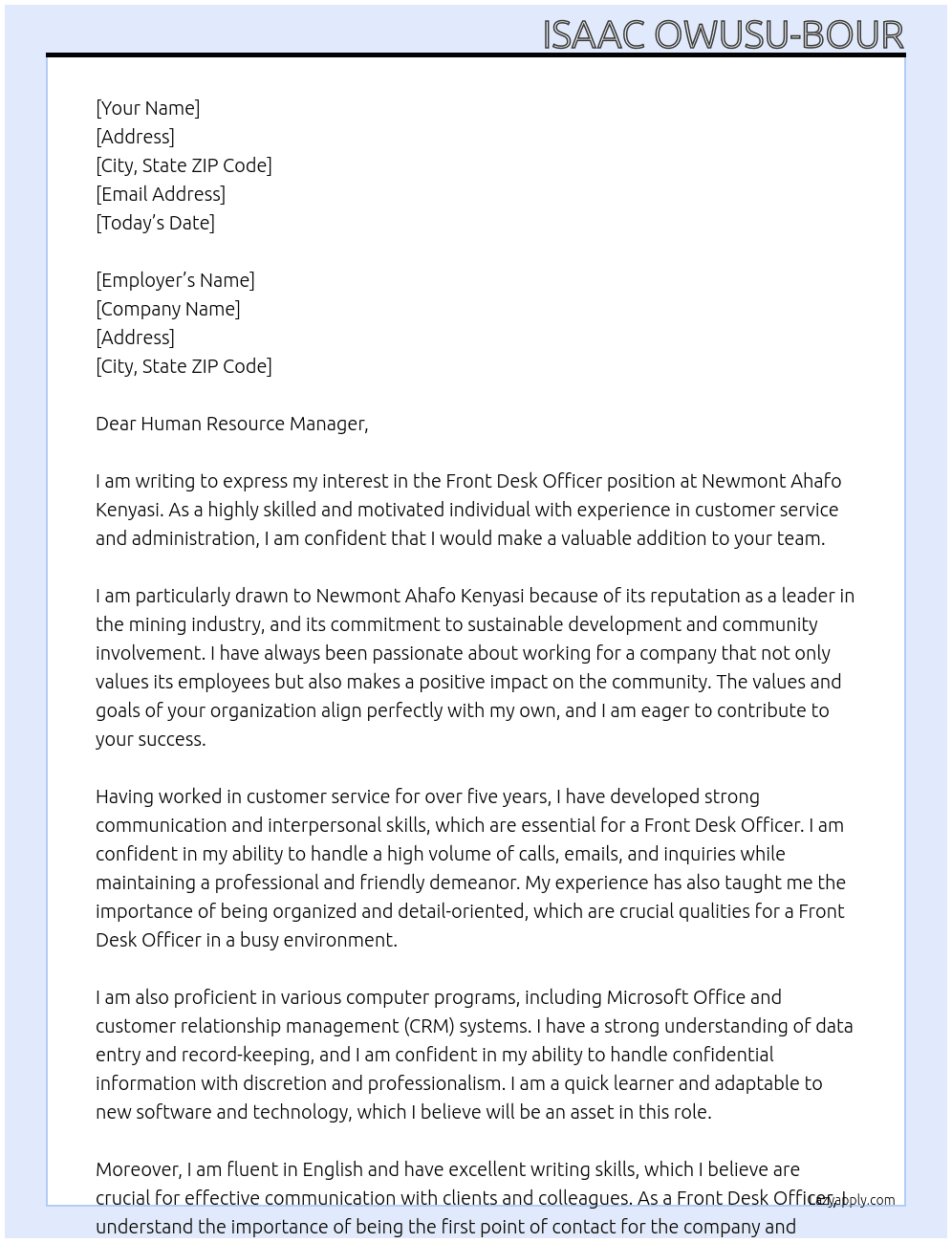 Front Desk Officer  At Newmont Ahafo Kenyasi Cover Letter