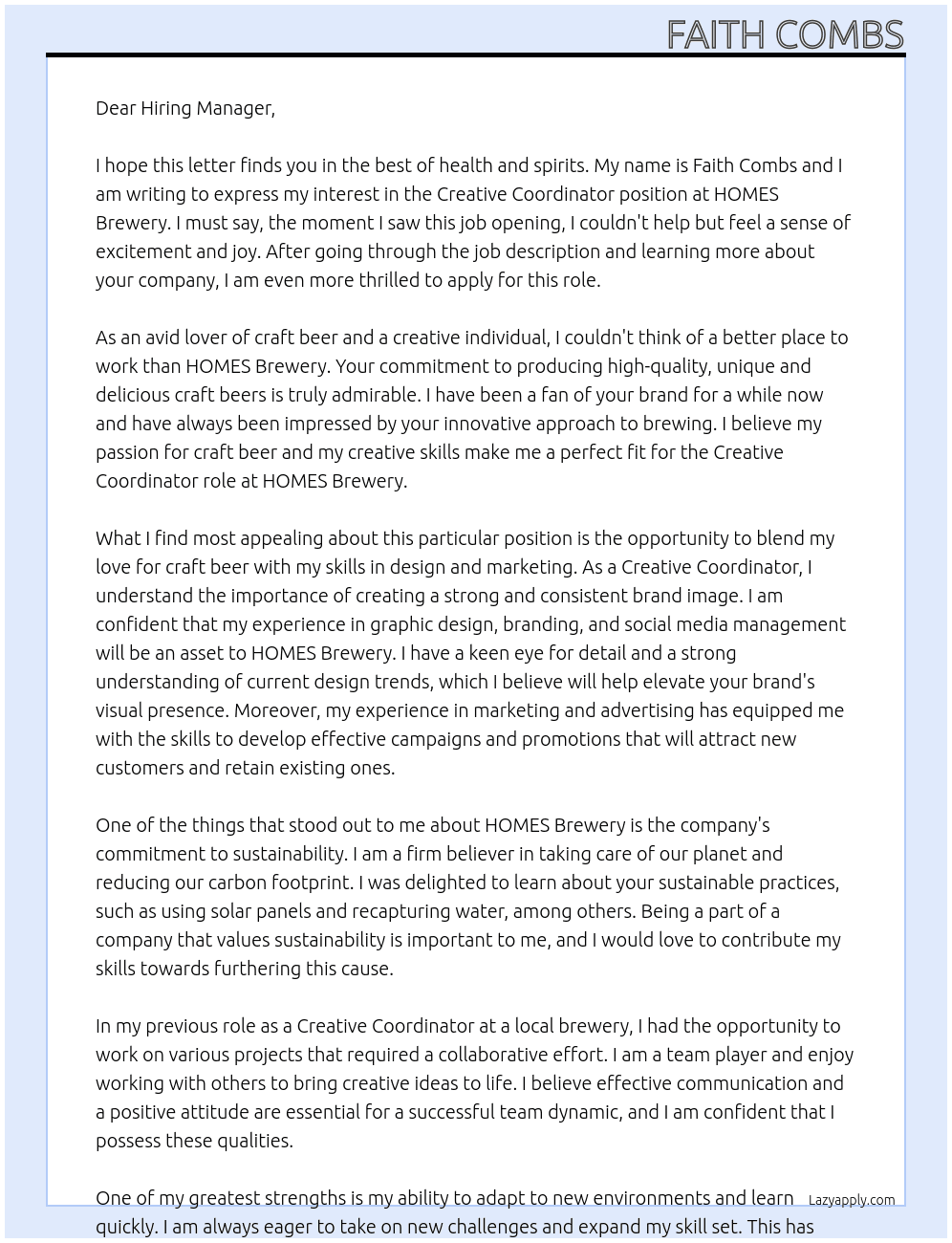 Creative Coordinator At HOMES Brewery Cover Letter