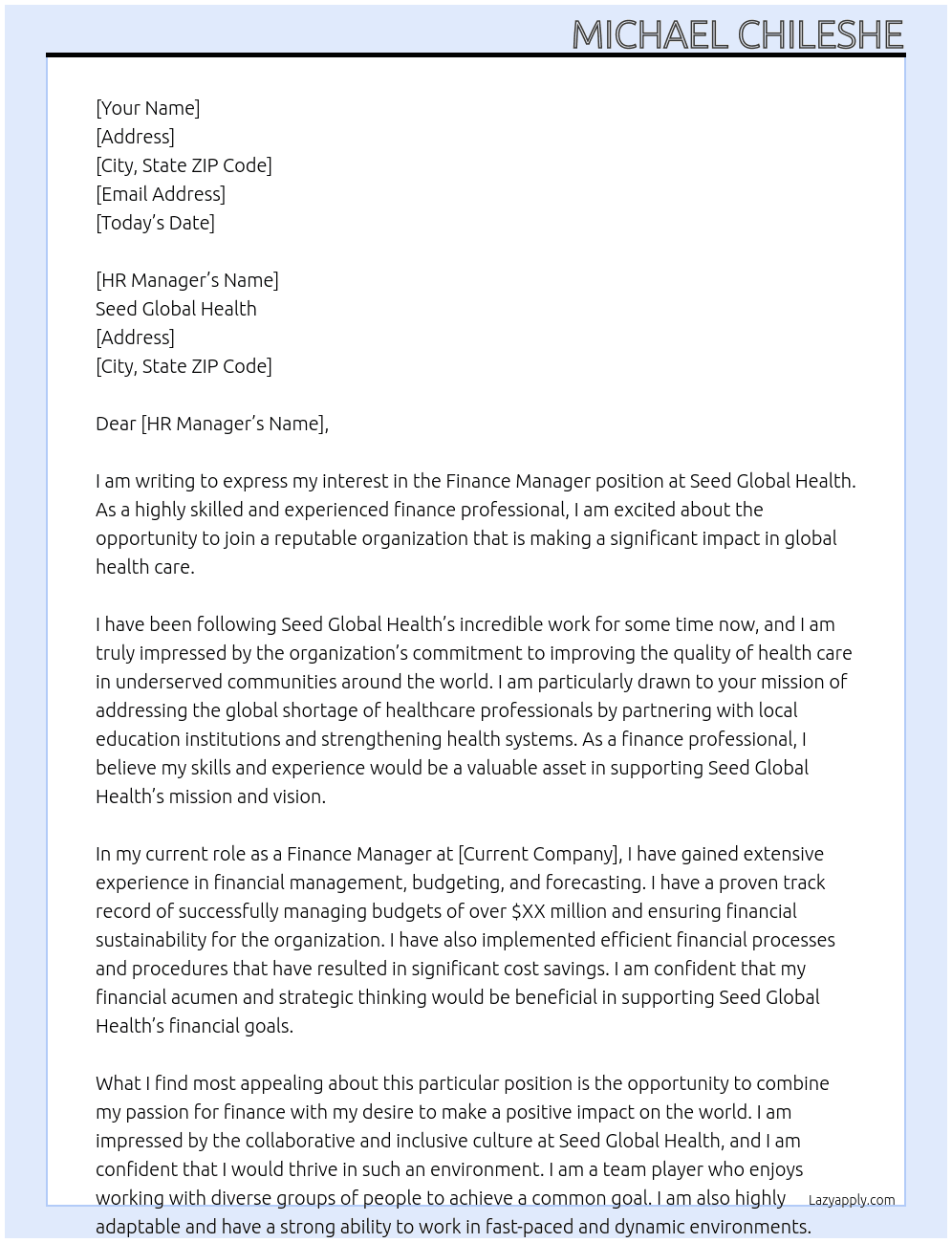 Finance Manager At Seed Global Health Cover Letter