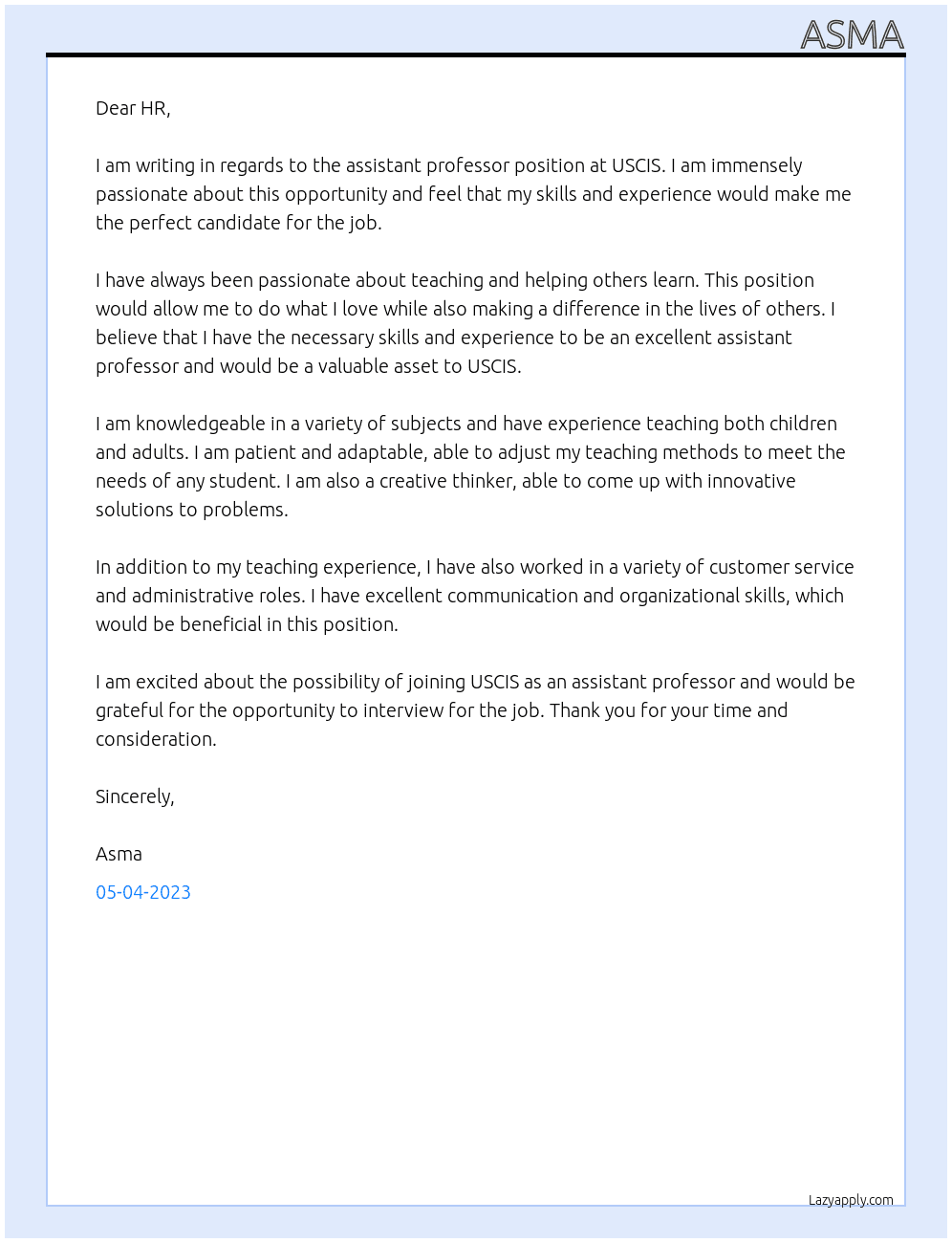 assistant professor At uscis Cover Letter
